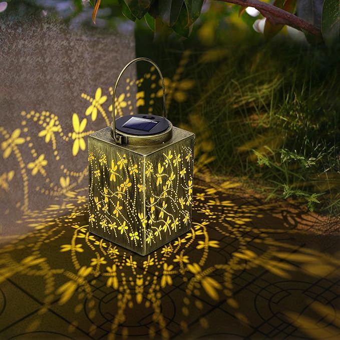 2 Pack Solar Lanterns - Waterproof Metal Hanging Solar Lights Outdoor Decorative Solar Powered LED Lamp for Patio Tabletop Porch Deck Yard Garden Decor for Outside (Dragonfly)