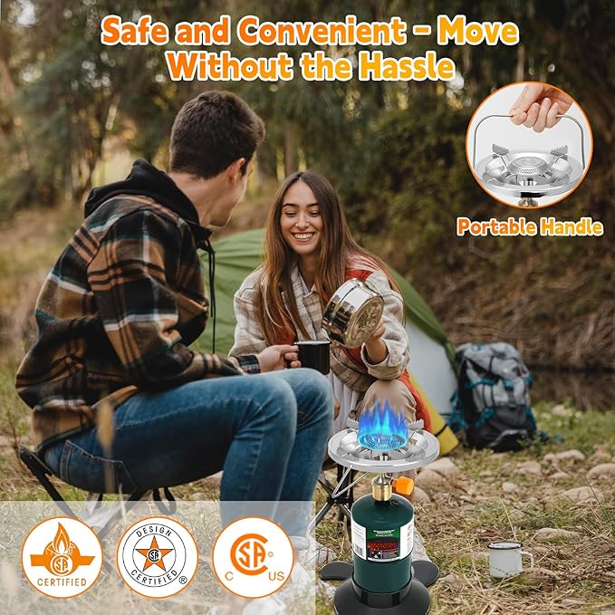 Camping Stove Propane Portable Backpacking Cooker with Single Burner Adjustable Flame Foldable Base Camp Stove Kit for Outdoor Cooking Hiking Emergency Essential (Fuel not Included)