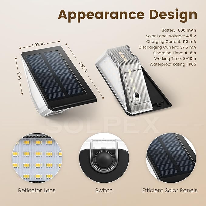 SOLPEX 6 Pack Four-Sided Illumination Solar Step Lights for Outside Solar Stair Lights Outdoor Solar Railing Lights Outdoor Waterproof with 33 LEDs for Steps Stair Deck Porch (Warm White)
