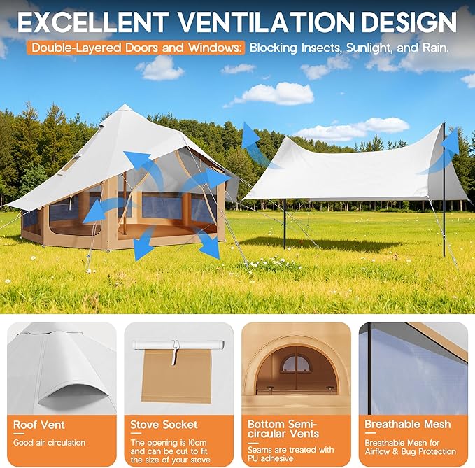 SPECRAFT Canvas Bell Yurt Tents &amp Inflatable Tent for Camping Waterproof Glamping Tent with Stove Jack Breathable Mesh Snowproofing Spacious 4-Season Family Shelter for Outdoor Camping Partie