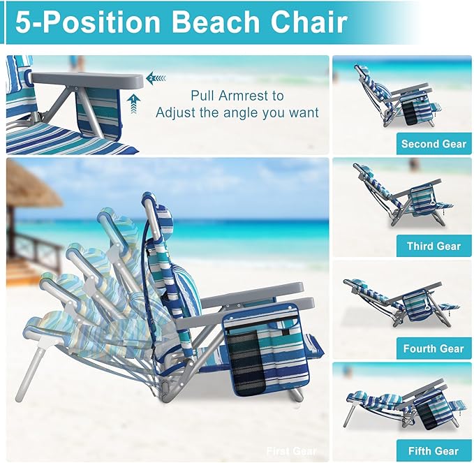 Suteck Beach Chair Adjustable 5-Position Backpack Beach Chairs for Adults Kids Foldable Lay Flat Chair with Cooler Bag Cup Holder and Lumbar Pillow Reclining Lay Down Chairs for Lawn Outdoor