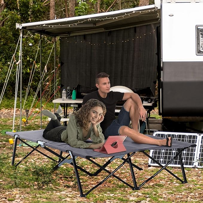 Gray Double Portable Camping Cot - 50-Inch Wide Elevated Steel Bed 300 lbs Weight Limit Foldable with Travel Bag for Outdoor Adventures