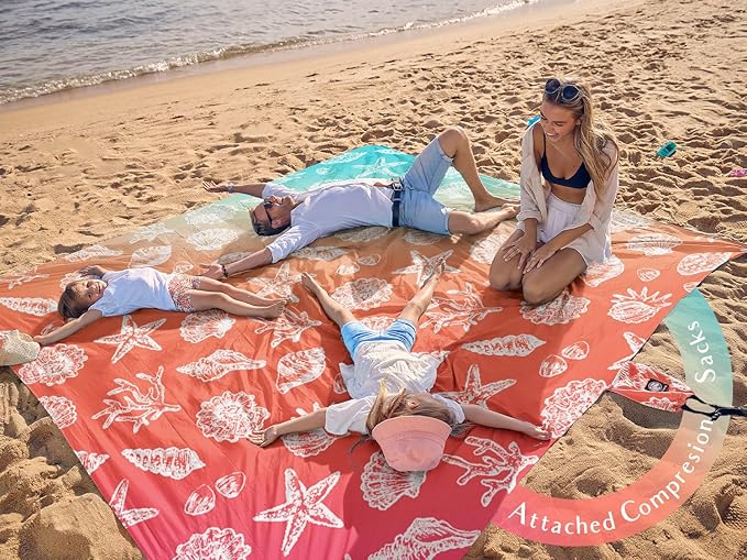 WEKAPO Beach Blanket Waterproof Sandproof &amp Sand-Free Beach Mat with Stakes &amp Built-in Storage Bag – Oversized Extra Large Perfect for Outdoor (Coral Sea Shells 8 X 7 FT (1~4 Person))