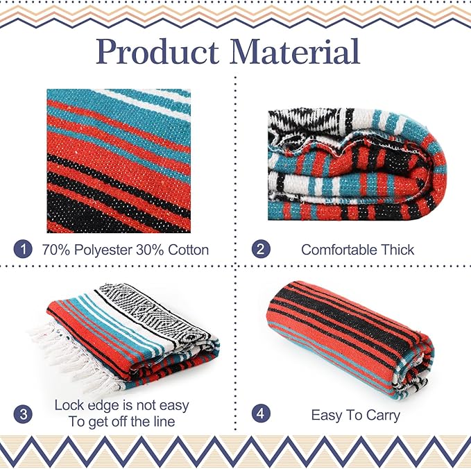 Peryiter 9 Pcs Mexican Blanket Bulk Large Yoga Blanket Striped Falsa with Fringed for Outdoor Beach Picnic Couch 45 x 70 inch(Light Colors)