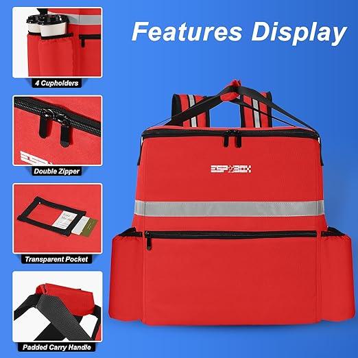 Food Delivery Backpack - Insulated Pizza Bag for Delivery Bike with 4 Cup Holders Large Leakproof Hot/Cold Delivery Bags for Uber Eats Doordash Postmates - Red