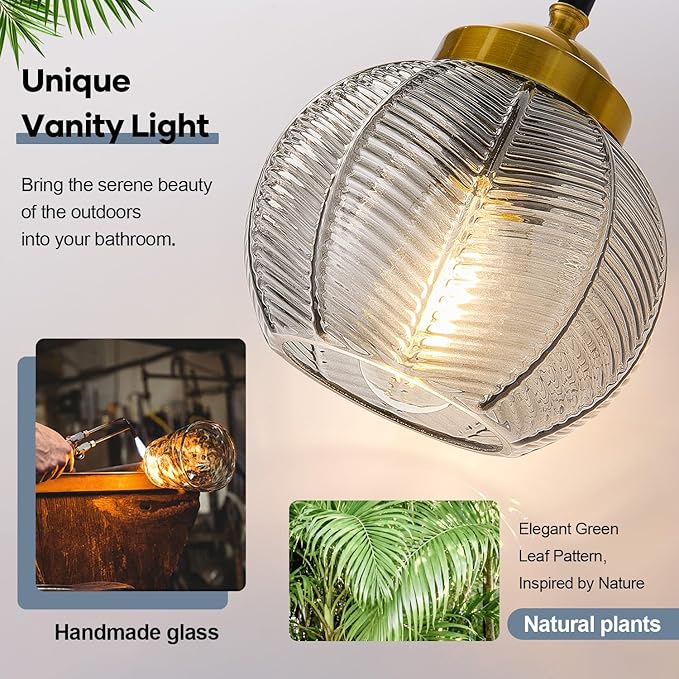 Bathroom Light Fixtures 3-Light Smokegray Vanity Lights with Unique Leaf Texture Glass Shade Modern Matte Black and Gold Bathroom Wall Lamp for Mirror Hallway Cabinet Living Room