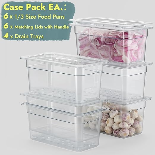 CURTA 6-Pack 1/3 Size 6 Deep NSF Polycarbonate Food Pans with Handled Lids &amp Drain Trays | Dishwasher &amp Freezer Safe Clear Container for Prep Tables Buffet Salad Bar Commercial &amp Home