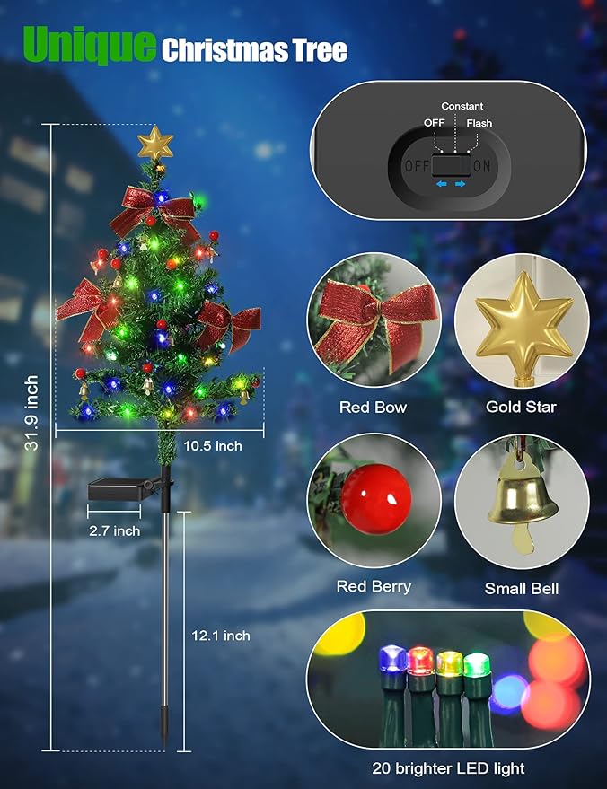 Solar Christmas Decorations Trees Lights Outdoor Waterproof 40LED-Lights Solar Yard Decorative Solar Stake Lights Xmas Tree Garden Decor with Constant &amp Flashing Modes for Pathway Lawn Patio 2P
