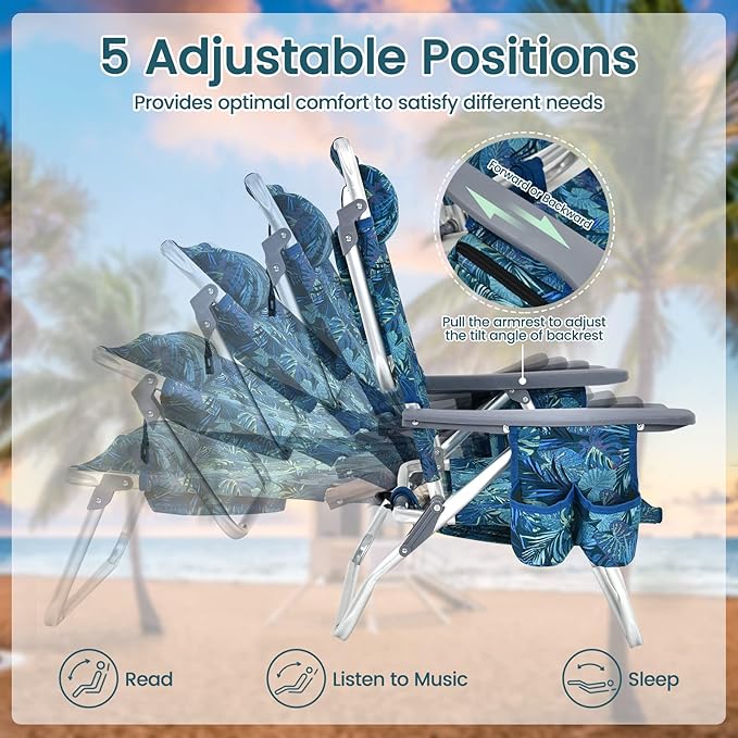 Tangkula Set of 2 Backpack Beach Chair 5-Position Lay Flat Beach Chairs with Cooler Bag 2 Cup Holders Towel Bar Lightweight Folding Beach Chair with Backpack Straps