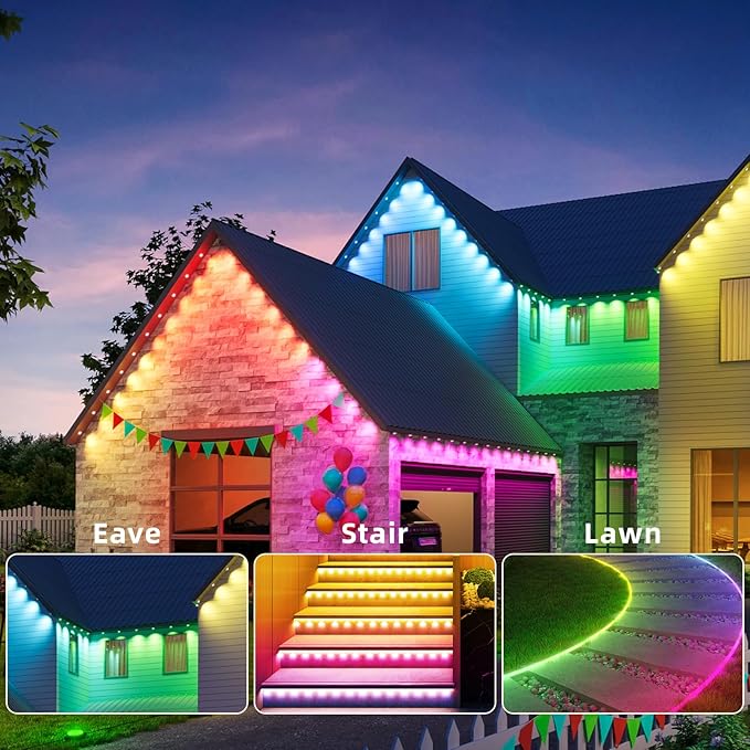 Permanent Outdoor Eaves Lights IP67 Waterproof Smart LED Light with App Control Remote RGB String Lights for Christmas Holiday DIY House Roof Garden Decor Lighting - 100FT