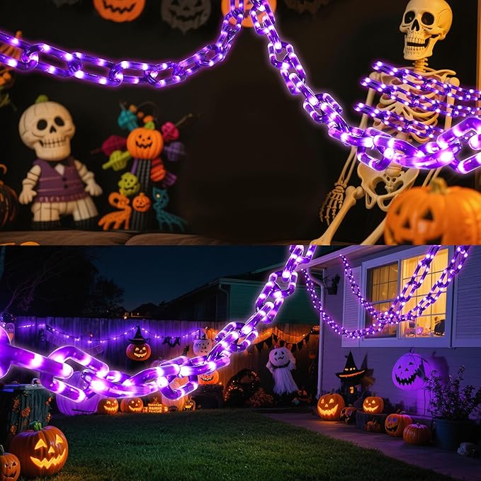 Battery Operated Halloween Lights 10.5FT 175 LED Plastic Chains Lights 8 Modes Waterproof Timer String Light for Skeleton Dog Creepy Costumes Accessories Spooky Outdoor Decorations(Purple)