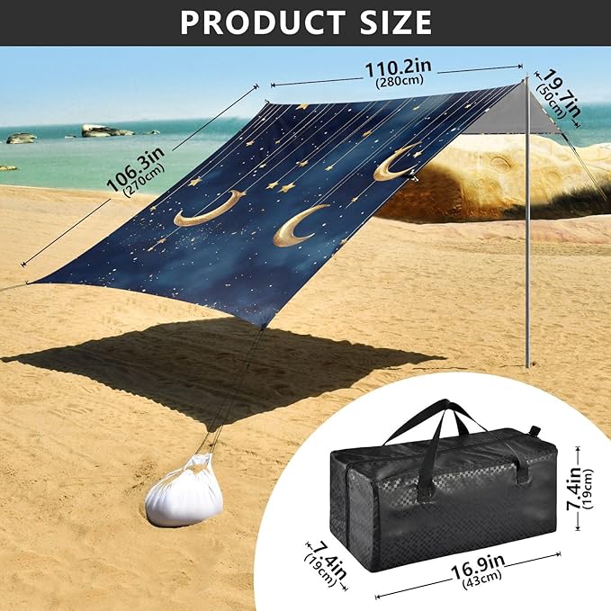 Bolaz Beach Canopy Tent Sun Shade9'×10.5' Large Family Beach Shade UPF50+- Outdoor Shade for Camping Trips FishingStar Moon