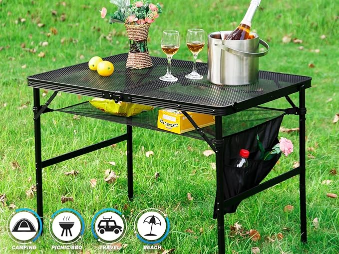 Folding Metal Camping Table with Mesh Layer Portable &amp Lightweight Grill Table for Outdoor 2 Adjustable Heights Metal Mesh Tabletop for Camping Cooking Medium Size (2.95 FT Black)