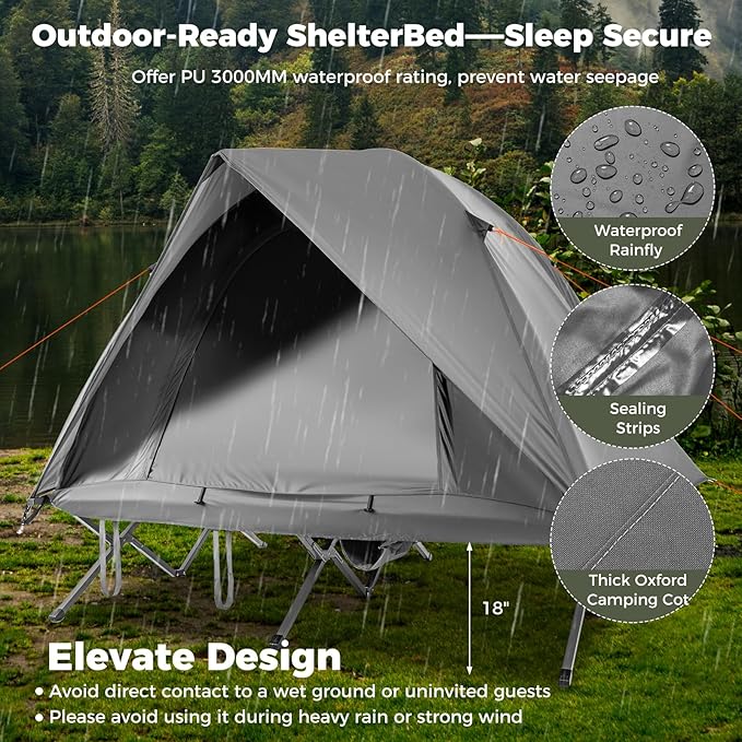 GYMAX 2-Person Tent Cot 3 in 1 Folding Off-Ground Cot Bed Combo with Portable Wheeled Bag Waterproof Rainfly 2 Mesh Doors &amp Skylight Roof for Hiking Backpacking Outdoor