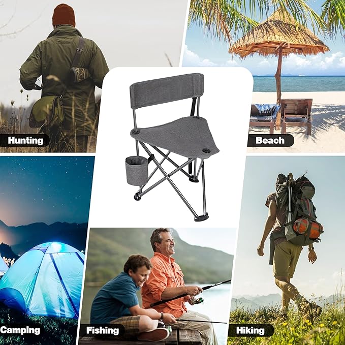 REDCAMP 2 Pack Tripod Camping Chairs Folding Lightweight Portbal 3 Legged Tripod Stool Seat with Cup Holders Small Fishing Chairs Compact for Adults Golf HuntingDark Grey