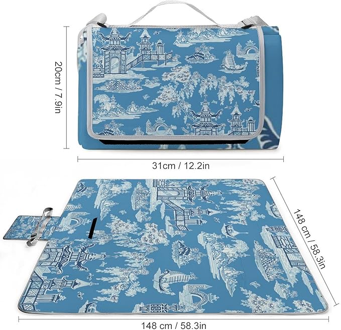 Blue and White Ancient Chinese Folk Chinoiserie Style Waterproof Outdoor Picnic Blanket Sandproof Beach Mat for Camping Hiking Grass Travelling