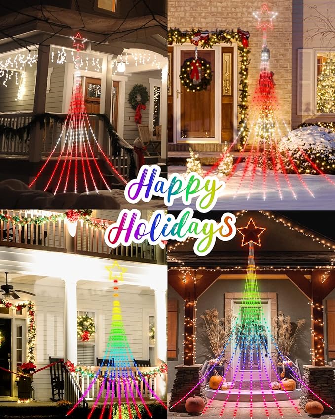 Outdoor Christmas Decorations Lights with Star Smart DIY Custom Display 11.8Ft 100 Modes Yard Waterfall Tree String Lights App Control 344LED RGB Color Changing Music Timer for Xmas Tree Lawn Decor