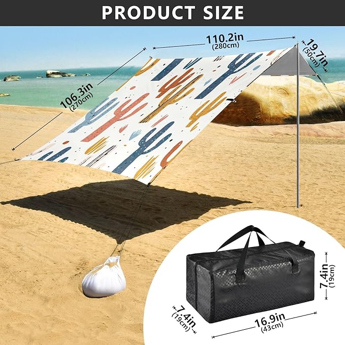Colorful Cactus Beach Tent Sun Shelter 9.2' x 10.5' Beach Canopy with 4 Sandbags 4 Stability Poles Sand Shovels - Tent Canopy for Beach Camping Fishing Picnics