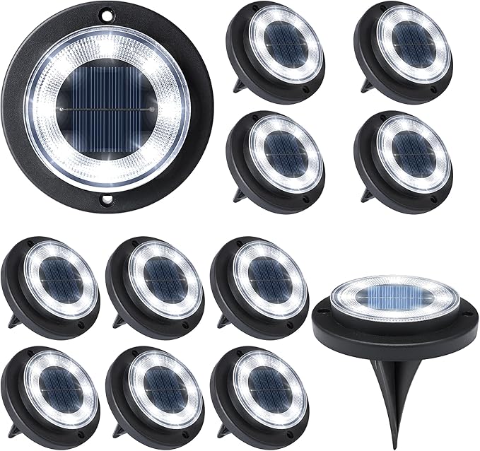 Flacchi Solar Lights Outdoor - Solar Powered Ground Lights Outdoor Solar Disk Light Waterproof Landscape Light for Patio Yard Pathway Walkway Driveway (Cool White 12 Pack)