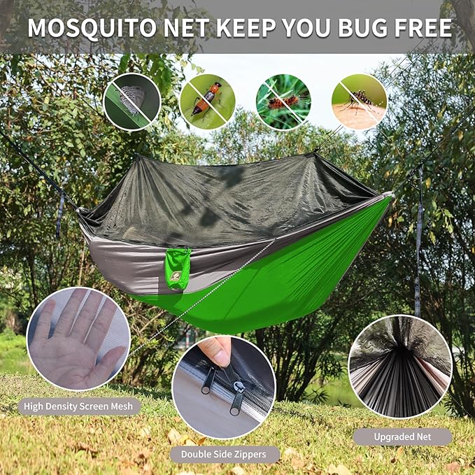 Camping Hammock with NetTravel Portable Lightweight Hammocks with Tree Straps and Solid D-Shape CarabinersParachute Nylon Hammock for Outsides Backpacking Beach Backyard Patio Hiking