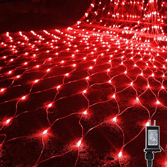 WATERGLIDE Outdoor Valentines Net Lights 12FT x 5FT 360 LED Mesh String Light with 8 Lighting Mode Connectable Waterproof Lights for Garden Tree Bushes Christmas Wedding Party Decorations Red