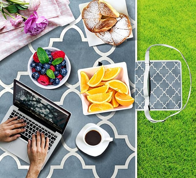 MNSRUU Picnic Blanket Waterproof Foldable Grey Moroccan Large Outdoor Picnic Beach Camping Blanket Travel Mat Shoulder Strap Tote Rectangle 57x59in