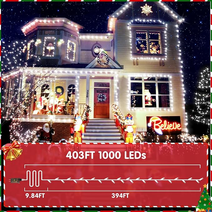 XURISEN 403FT 1000 LED String Lights Outdoor Green Wire Christmas Lights 8 Modes &amp Timer Waterproof Fairy Lights Plug in for Party Wedding Yard Garden Indoor/Outdoor Decorations(Cool White)