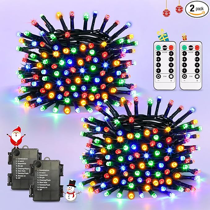 JMEXSUSS 2 Pack Battery Christmas Lights with Remote Each 33 FT 100 LED Multicolor Christmas Tree Lights Indoor Outdoor Waterproof for Garden Porch Yard Decor
