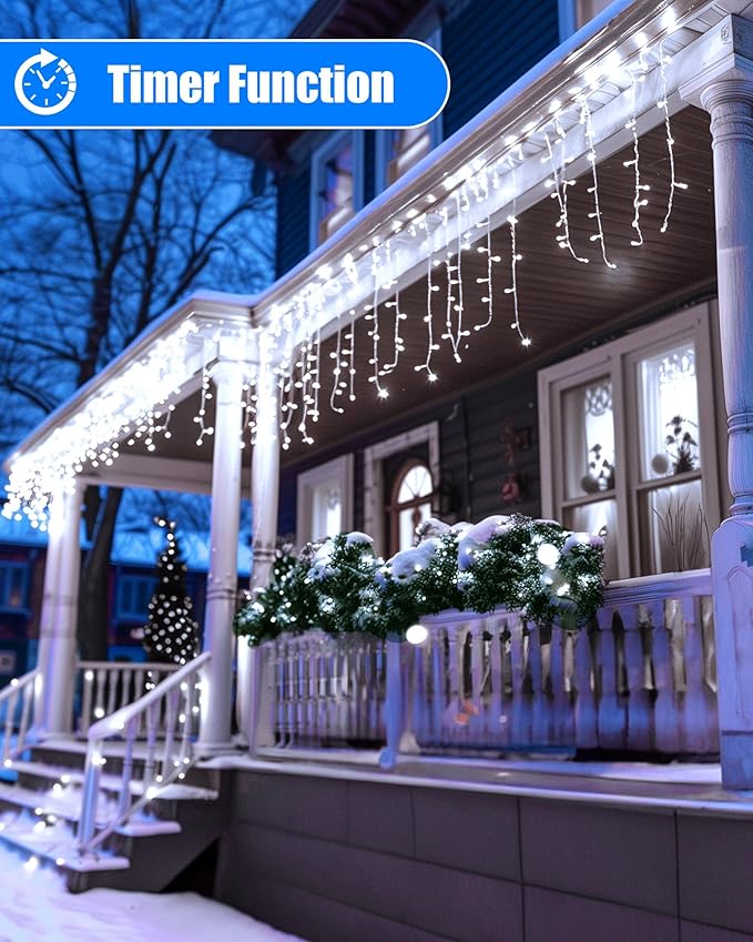 Minetom Icicle Lights for Outside 100Ft 832 LED White Christmas Lights with 156 DropsChristmas Icicle Light with Remote and Timer for House Roof Pure White
