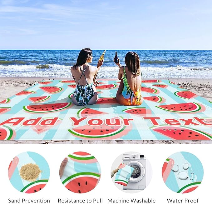 Personalized Beach Blanket Waterproof Sandproof 118x110 Inches Custom Oversized Watermelon Beach Mat for 6-8 Adults Lightweight Picnic Blanket with 4 Corner Pockets for Outdoor Travel Camping