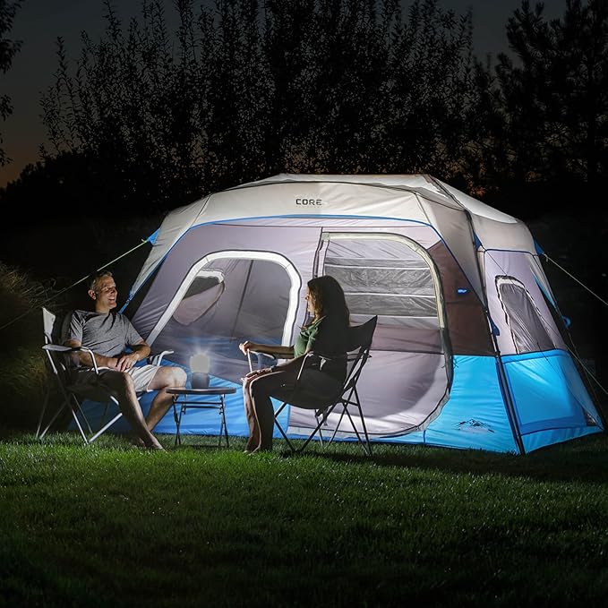 CORE Instant Cabin Tents with LED Lights | 6 Person / 9 Person / 12 Person Family Multi Room Lighted Pop Up Tents for Camping | Included Storage Pockets for Camping Accessories