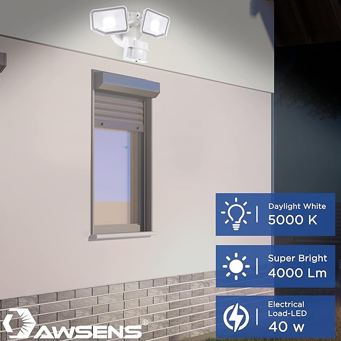 40W LED Security Lights Motion Sensor Light Outdoor 180 Degree 4000 LM 5000 K ETL Water Resistant Clear 2 Head Motion Detector Flood Light for Garage Yard (White)