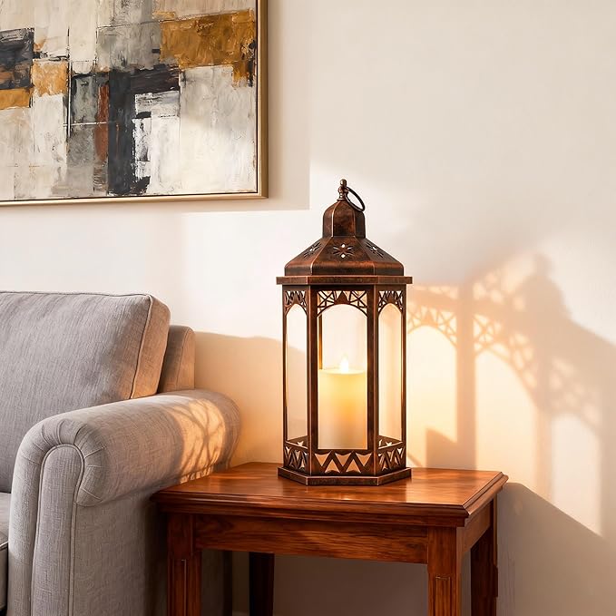 Candle Lanterns Outdoor Lanterns Decorative Indoor for Porch with Flickering LED Candles Hexagonal Battery Operated Lighting with Hanging Hook Perfect for Party Decor