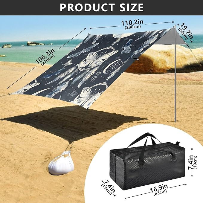 ALAZA Dreamcatcher Butterfly Beach Tent Sun Shelter UPF50+ Protection Beach Shade Canopy w/ 4 Sandbags for Outdoor Camping Fishing Backyard Fun Picnic 10x9 ft
