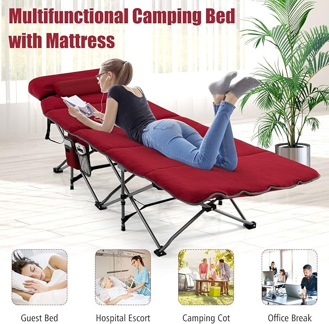Goplus Camping Cot Folding Camping Cot with Mattress Pillow Carry Bag Storage Pocket Camping Bed Military Cot for Home Office Nap Hiking Heavy-Duty Portable Sleeping Cot for Adults Kids (Wine)