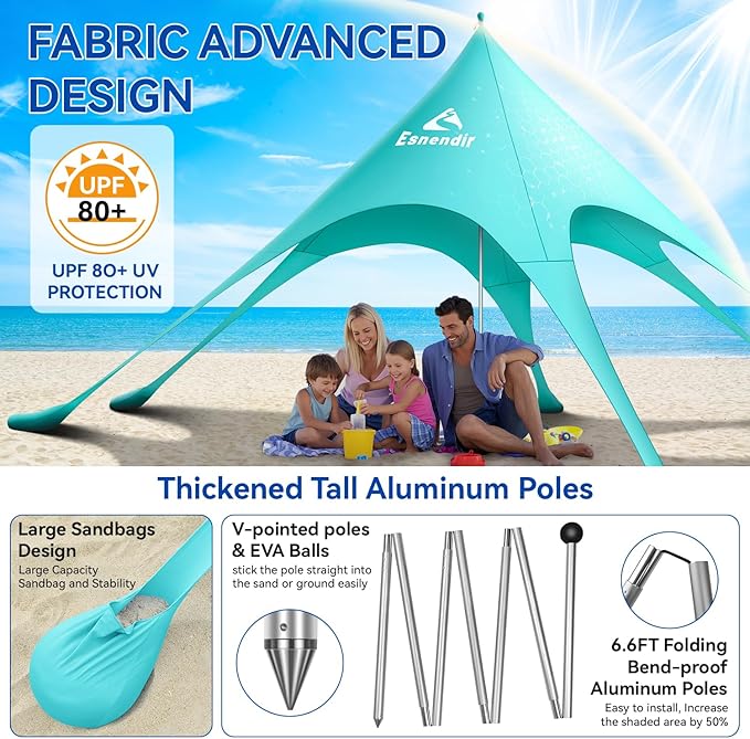 Beach Tent Sun Shelter &amp Portable Beach Canopy UPF 80+ UV Protection Beach Shade Canopy with 6 Sandbags Sand Shovel Ground Pegs for Outdoor Camping Picnics (12x12ft Turquoise)