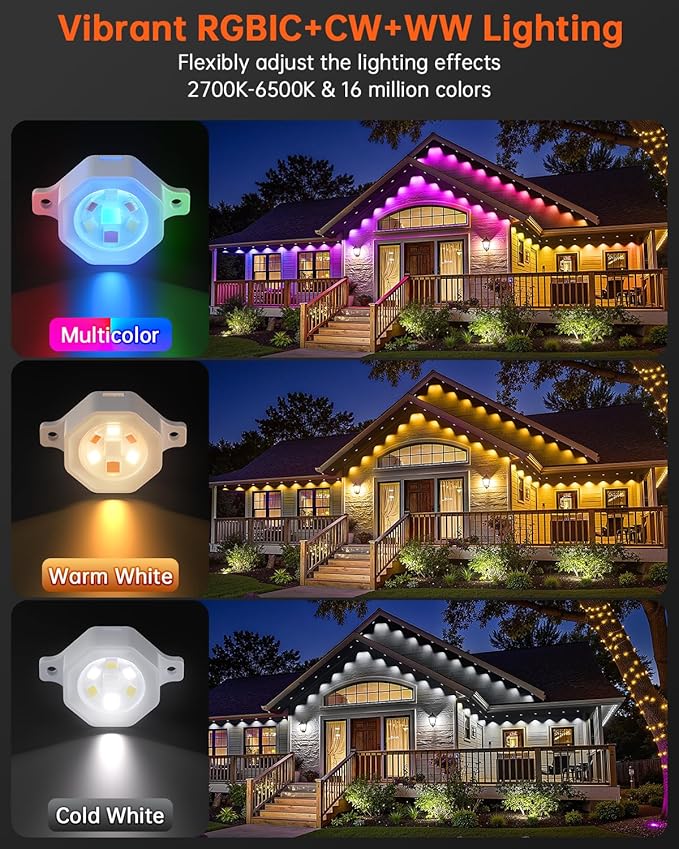 YAYZA! Permanent Outdoor Lights Pro150ft 108 LED Smart RGB+IC+Warm/Cool White Christmas Eave Lights 135lm Music Sync &amp DIY Scenes IP67 Waterproof for Outside Decor Works with AlexaGoogle Rem