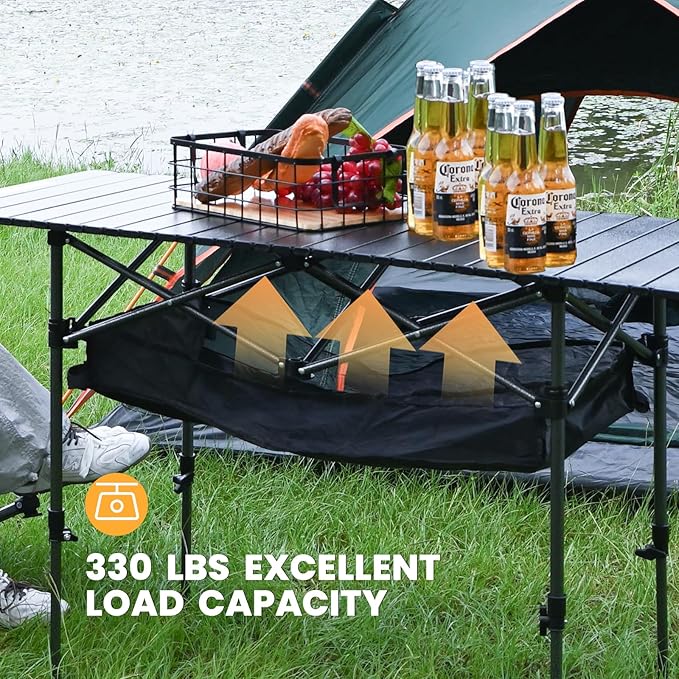 KINGROCK Camping Table Foldable Height Adjustable Aluminum Roll Up Table with Easy Carry Bag for Outdoor Camping Backyard BBQ Beach and Picnic (Black)