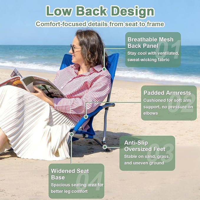 Romswi Low Beach Chairs for Adults 2 Pack Lightweight Folding Sand Chairs with Breathable Mesh Back &amp Cup Holder Portable Compact Camping Chairs 400lbs CapacityBlue