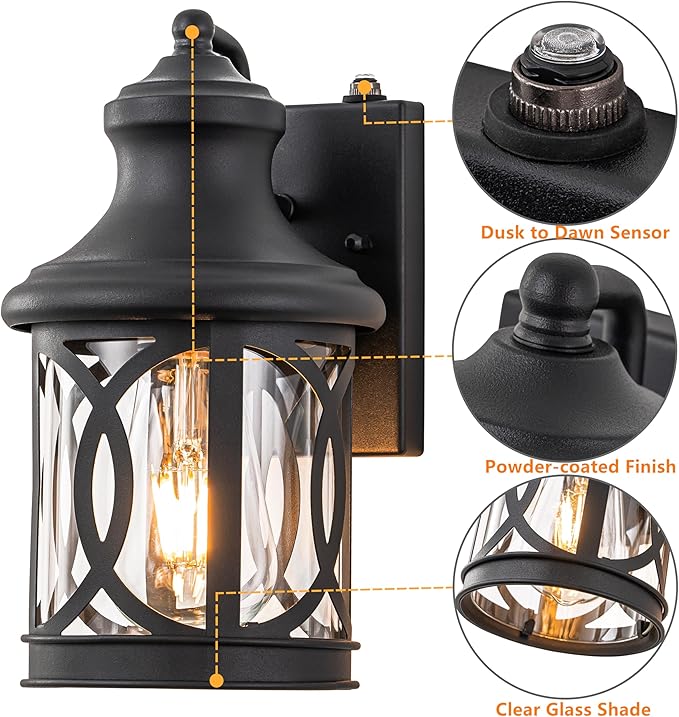 Outdoor Wall Lights with Dusk to Dawn Exterior Wall Lanterns Lighting Fixtures Porch Sconces Matte Black Wall Mount Outdoor Lights with Photocell for Patio Yard Front Porch Garage 2-pack