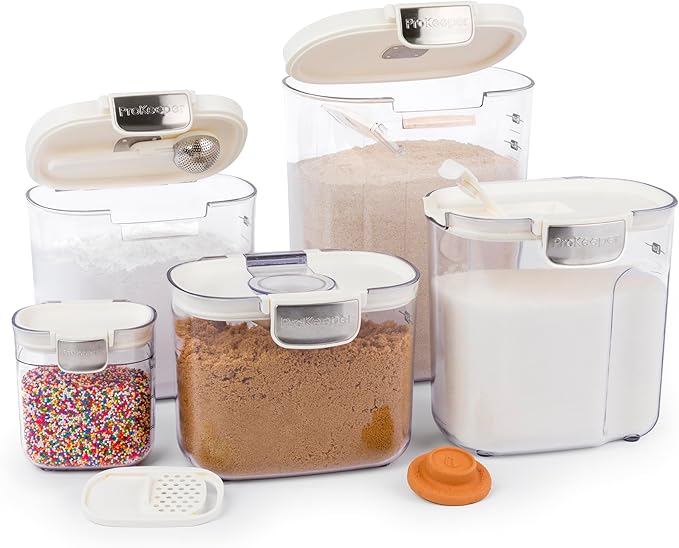 ProKeeper+ Airtight Food Storage Container Set – Clear Plastic Flour and Sugar Canister Set with Magnetic Accessories for Kitchen Organization (White 9-Piece)