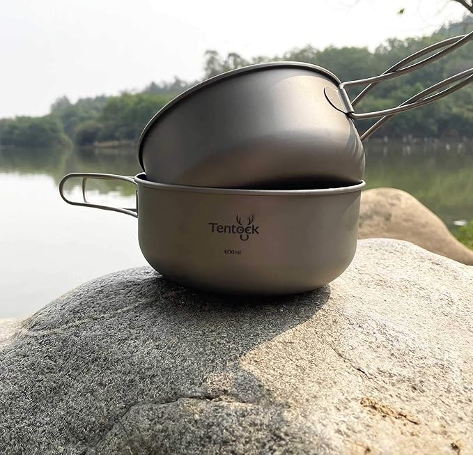 Tentock Titanium Bowls Set 500ml+600ml Ultralight Camping Cookware Outdoor Utensils with Folding Handle