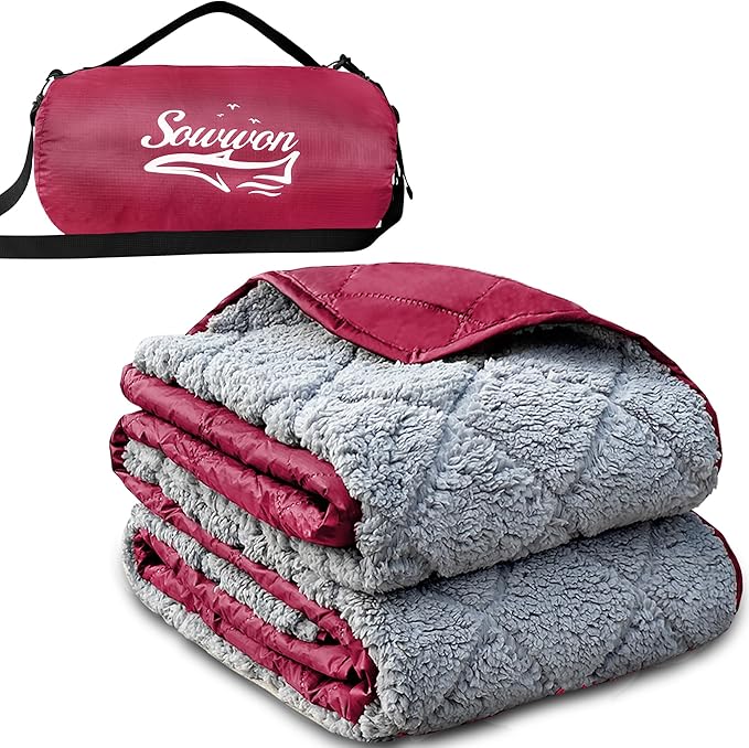Waterproof Outdoor Blanket 82”X 55” Packable Stadium Blankets for Camping with Sherpa Fleece Lining Large Windproof Emergency Throw Mat for Garss Picnic Hiking Road Trip Machine Washable Wine