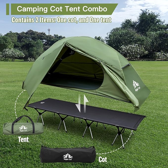 Night Cat Camping Cot Tent with Self-Inflating Sleeping Pad and Camping Sleeping Bag Waterproof 1-Person Off-Ground Combo Cot Bed for Adults Portable Easy Set-up Tent