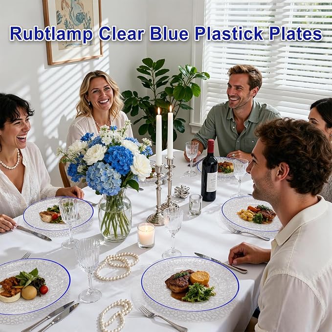 Rubtlamp 60Pcs Blue Easter Plastic Plates Clear Disposable Plates With Blue Rim Heavy Duty Party Plates Hammered Fancy Plates Include 30 Dinner Plates 30 Dessert Plates For St Patricks Day