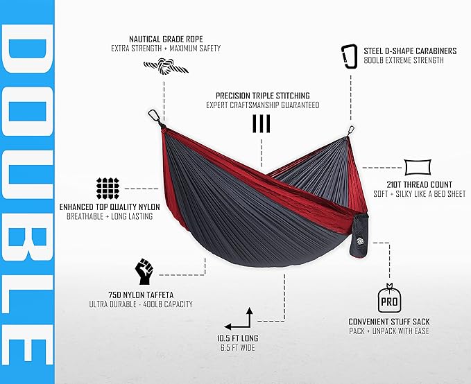 Pro Venture Camping Hammock 500 lb Capacity – Portable Double Hammock with Tree-Friendly Straps and Carabiners Lightweight for Backpacking Hiking Travel Beach Backyard