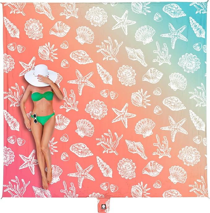 WEKAPO Beach Blanket Waterproof Sandproof &amp Sand-Free Beach Mat with Stakes &amp Built-in Storage Bag – Oversized Extra Large Perfect for Outdoor (Coral Sea Shells 8 X 7 FT (1~4 Person))