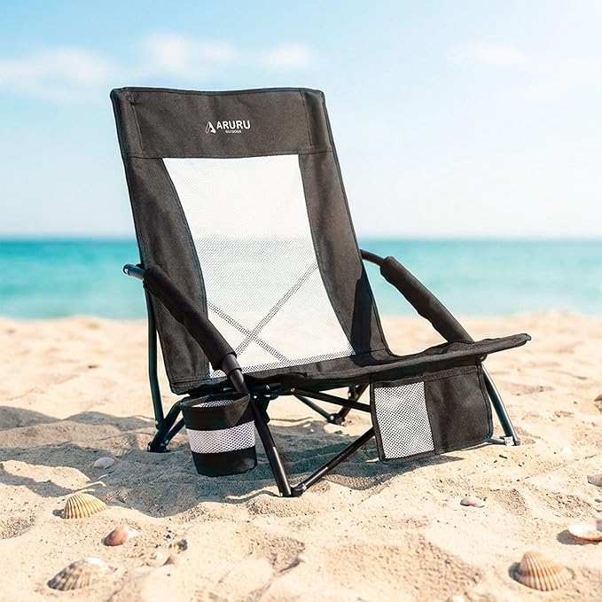 Low Folding Beach Chairs for Adults Portable Lightweight Sling Beach Camping Chair with Cup HolderArmrestFoldable Camp Lawn Chair for Outdoor Sand Concert Travel Sport Events