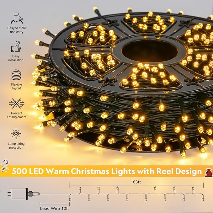 JMEXSUSS 500 LED Christmas Lights Outdoor 173ft Warm White Christmas Tree Lights 8 Modes Plug in Twinkle String Light for Outside Holiday Indoor Ceiling House Xmas Decorations