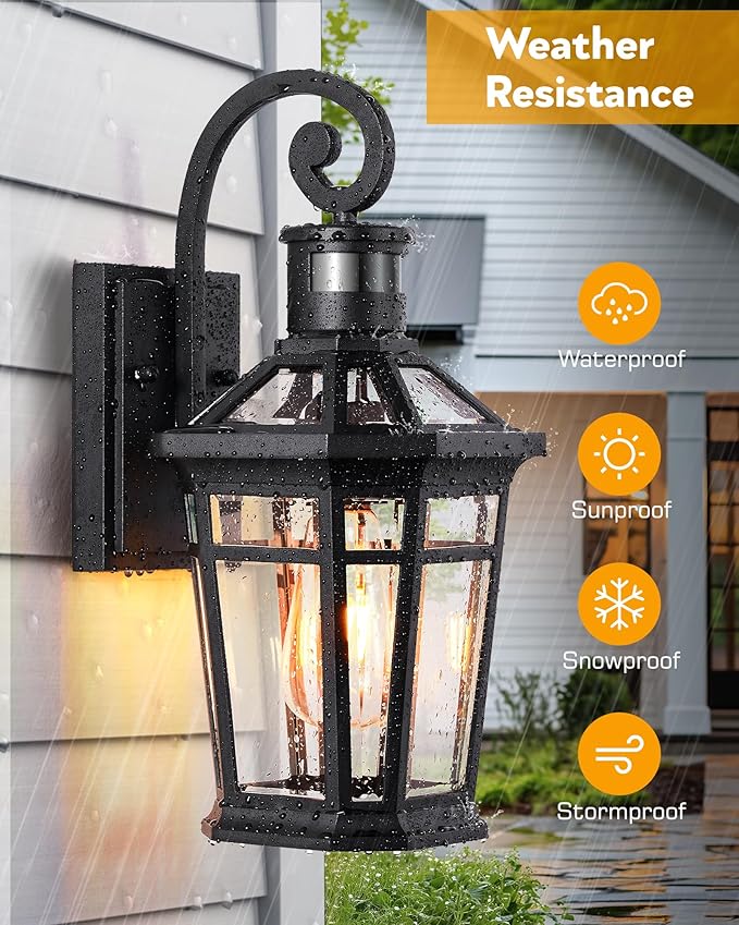 Motion Sensor Outdoor Wall Lights Black Dusk to Dawn Porch Light Wall Mount Exterior Lighting Fixtures Outdoor Wall Sconce Lantern with Adjustable Sensor Range Coach Lights for Garage Patio